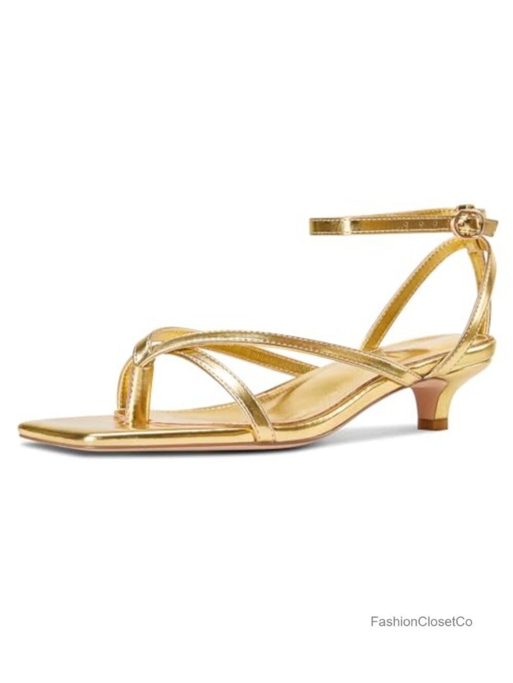 Womens Square Toe Kitten Heel Sandals Ankle Strap Faux Leather